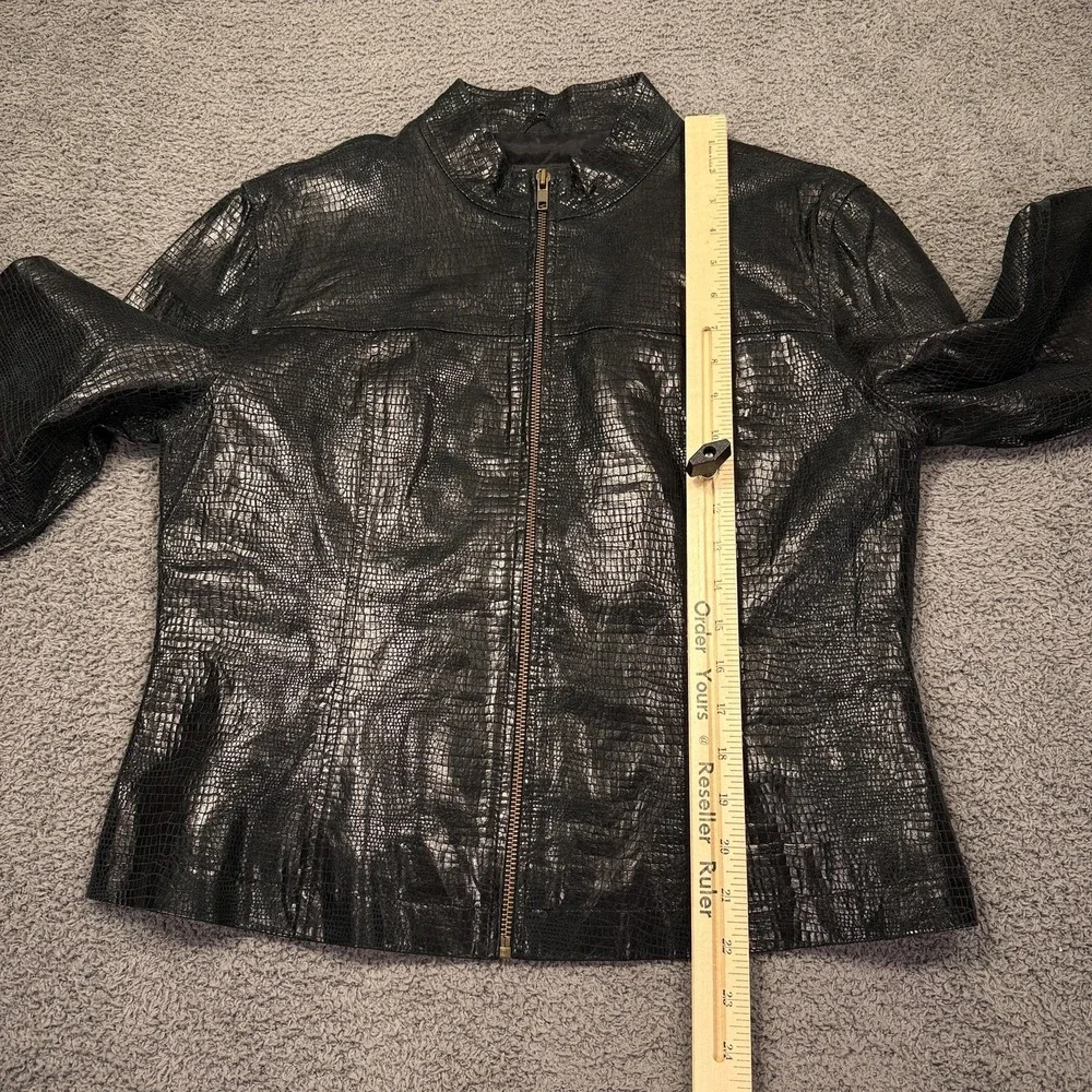 Rafaella Y2K Leather Jacket Womens 10 Black‎ Crocodile Embossed Zip Moto Biker